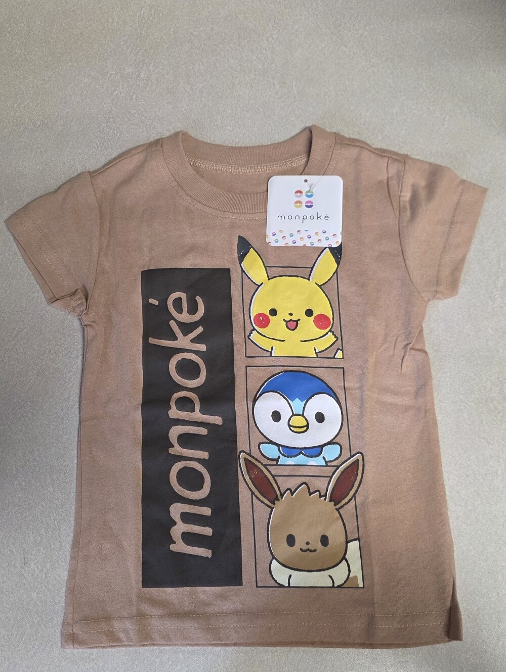 Monpoke Tan Short Sleeve Tee with Pikachu, Piplup & Eevee